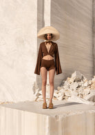 Tiny-Bağlamalı Yarasa Kol Kahverengi Bluz-Bluz-6-Milagron.com