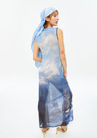 Tiny-Baskılı Transparan Kolsuz Mavi Elbise-Elbise-5-Milagron.com