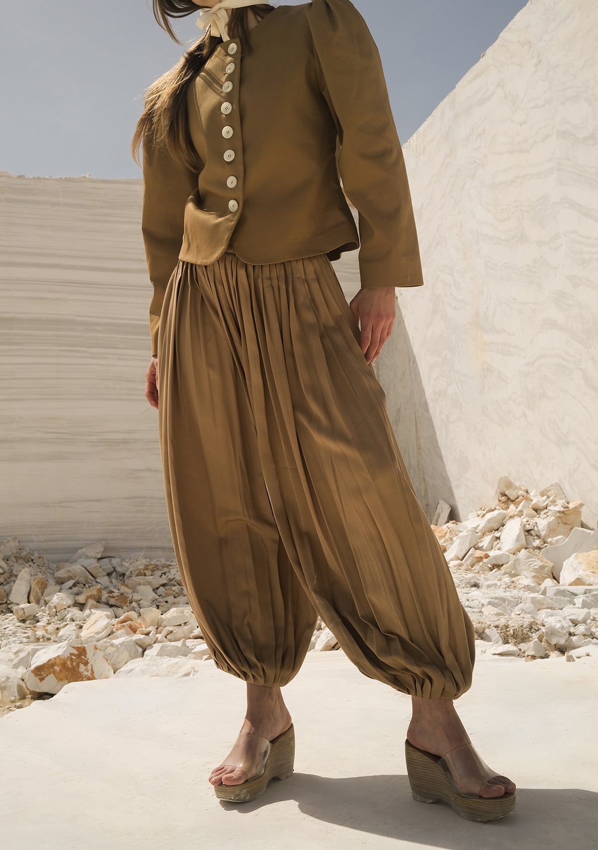 Beli Lastikli Tencel™ Bej Şalvar Pantolon