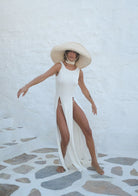 Tiny-Beyaz Derin Yırtmaçlı Yumuşak Kolsuz Elbise-Elbise-7-Milagron.com