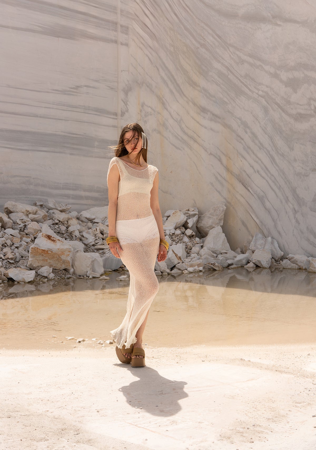 Tiny-El İşi Kolsuz Uzun Beyaz Elbise-Elbise-2-Milagron.com