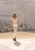 Tiny-El İşi Kolsuz Uzun Beyaz Elbise-Elbise-2-Milagron.com