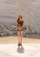 Tiny-El İşi Uzun Kollu Mini Kahverengi Bluz-Bluz-1-Milagron.com