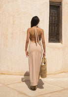 Tiny-Halter Yaka Uzun Krem Elbise-Elbise-2-Milagron.com