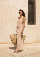 Tiny-Halter Yaka Uzun Krem Elbise-Elbise-3-Milagron.com