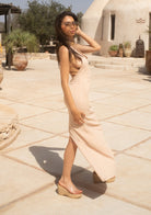 Tiny-Halter Yaka Uzun Krem Elbise-Elbise-9-Milagron.com