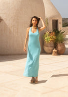 Tiny-Halter Yaka Uzun Mavi Elbise-Elbise-7-Milagron.com