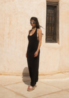 Tiny-Halter Yaka Uzun Siyah Elbise-Elbise-4-Milagron.com