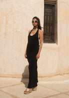 Tiny-Halter Yaka Uzun Siyah Elbise-Elbise-5-Milagron.com