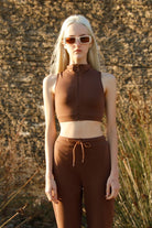 Tiny-Kahverengi Fermuar Detaylı Boğazlı Kısa Bluz-Bluz-1-Milagron.com