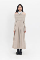 Tiny-Kayık Yaka Pileli Bej Uzun Elbise-Elbise-1-Milagron.com