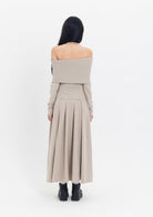 Tiny-Kayık Yaka Pileli Bej Uzun Elbise-Elbise-2-Milagron.com