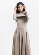 Tiny-Kayık Yaka Pileli Bej Uzun Elbise-Elbise-3-Milagron.com