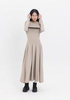 Tiny-Kayık Yaka Pileli Bej Uzun Elbise-Elbise-4-Milagron.com
