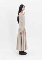 Tiny-Kayık Yaka Pileli Bej Uzun Elbise-Elbise-5-Milagron.com