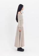 Tiny-Kayık Yaka Pileli Bej Uzun Elbise-Elbise-6-Milagron.com