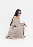 Tiny-Kayık Yaka Pileli Bej Uzun Elbise-Elbise-7-Milagron.com