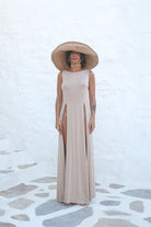 Tiny-Nude Derin Yırtmaçlı Yumuşak Kolsuz Elbise-Elbise-1-Milagron.com