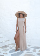 Tiny-Nude Derin Yırtmaçlı Yumuşak Kolsuz Elbise-Elbise-3-Milagron.com