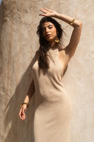 Tiny-Si Boyundan Bağlamalı Bej Triko Elbise-Elbise-2-Milagron.com