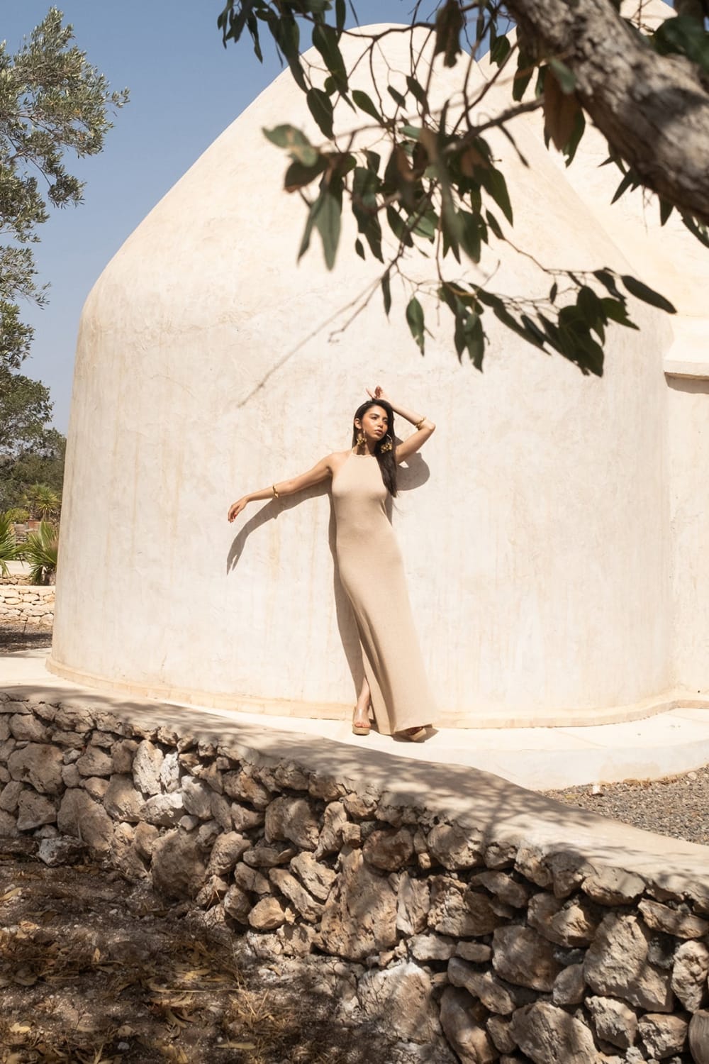 Tiny-Si Boyundan Bağlamalı Bej Triko Elbise-Elbise-3-Milagron.com