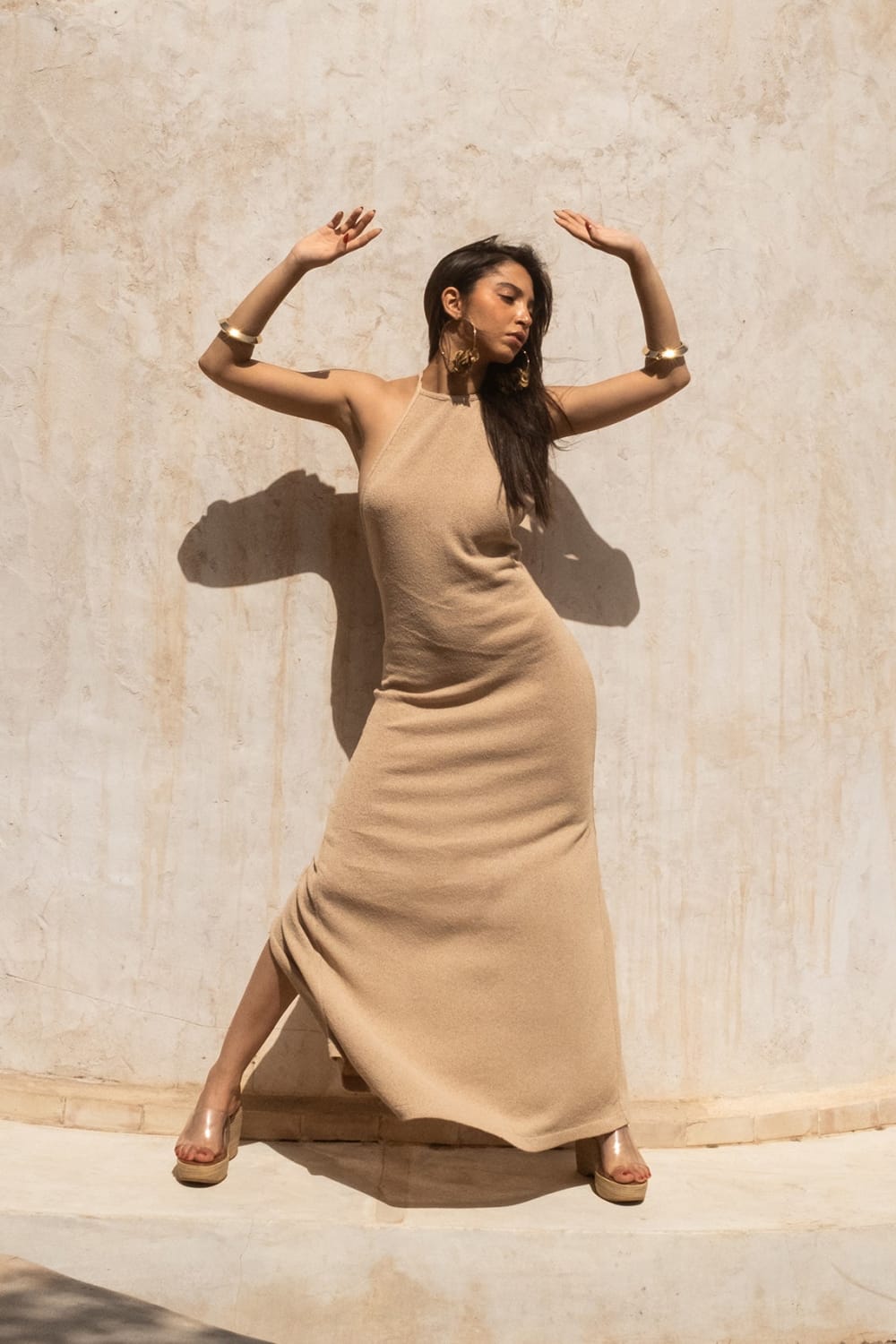 Tiny-Si Boyundan Bağlamalı Bej Triko Elbise-Elbise-4-Milagron.com