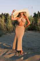 Tiny-Si Önü çapraz Boyundan Bağlamalı Bej Triko Elbise-Elbise-1-Milagron.com