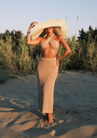 Tiny-Si Önü çapraz Boyundan Bağlamalı Bej Triko Elbise-Elbise-3-Milagron.com