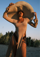 Tiny-Si Yırtmaçlı Uzun Kollu Bej Triko Elbise-Elbise-5-Milagron.com