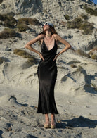 Tiny-Siyah İnce Askılı Uzun Saten Elbise-Elbise-7-Milagron.com