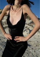 Tiny-Siyah İnce Askılı Uzun Saten Elbise-Elbise-9-Milagron.com