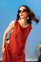 Towdoo-Poppy – Yan Bağlı Kolsuz Bluz – Kiremit-Bluz-2-Milagron.com