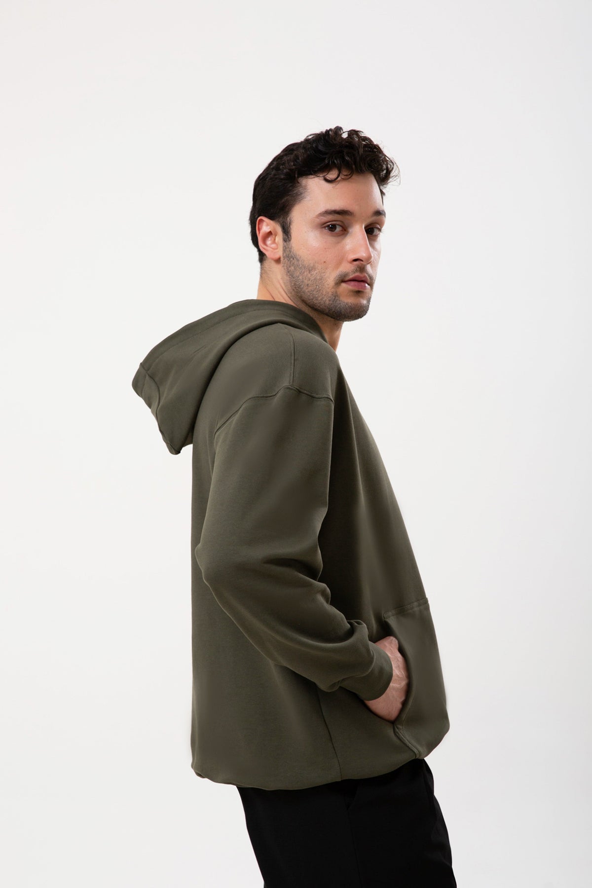 Kapüşonlu Organik Pamuklu Erkek Haki Sweatshirt