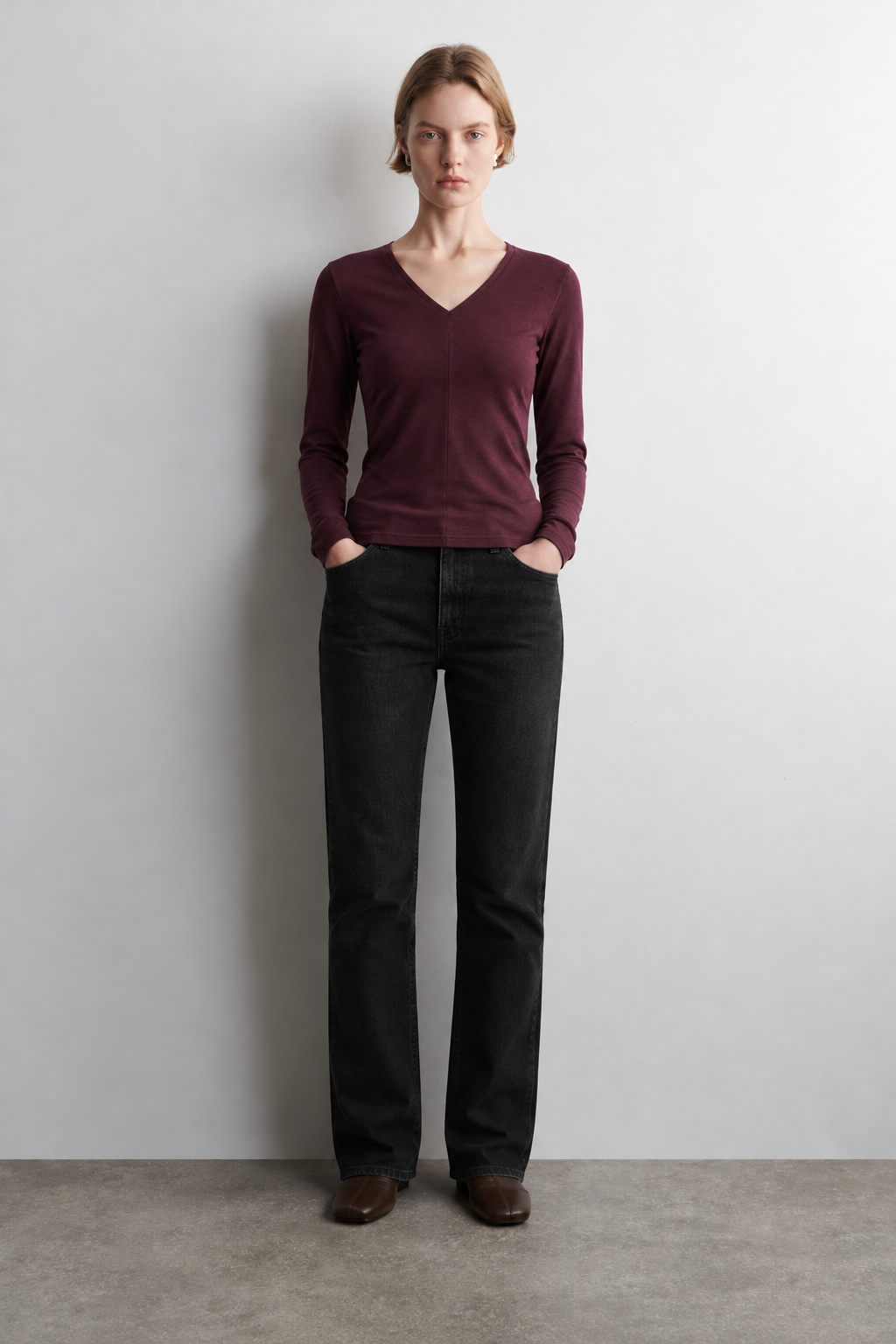 Tencel Derin V Yaka Bordo Uzun Kollu Bluz