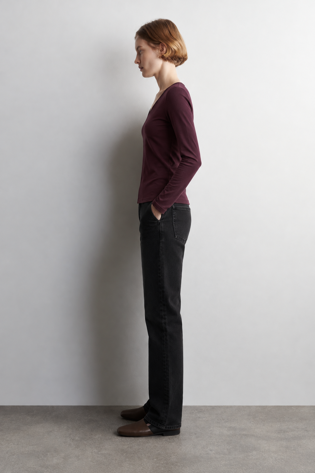 Tencel Derin V Yaka Bordo Uzun Kollu Bluz