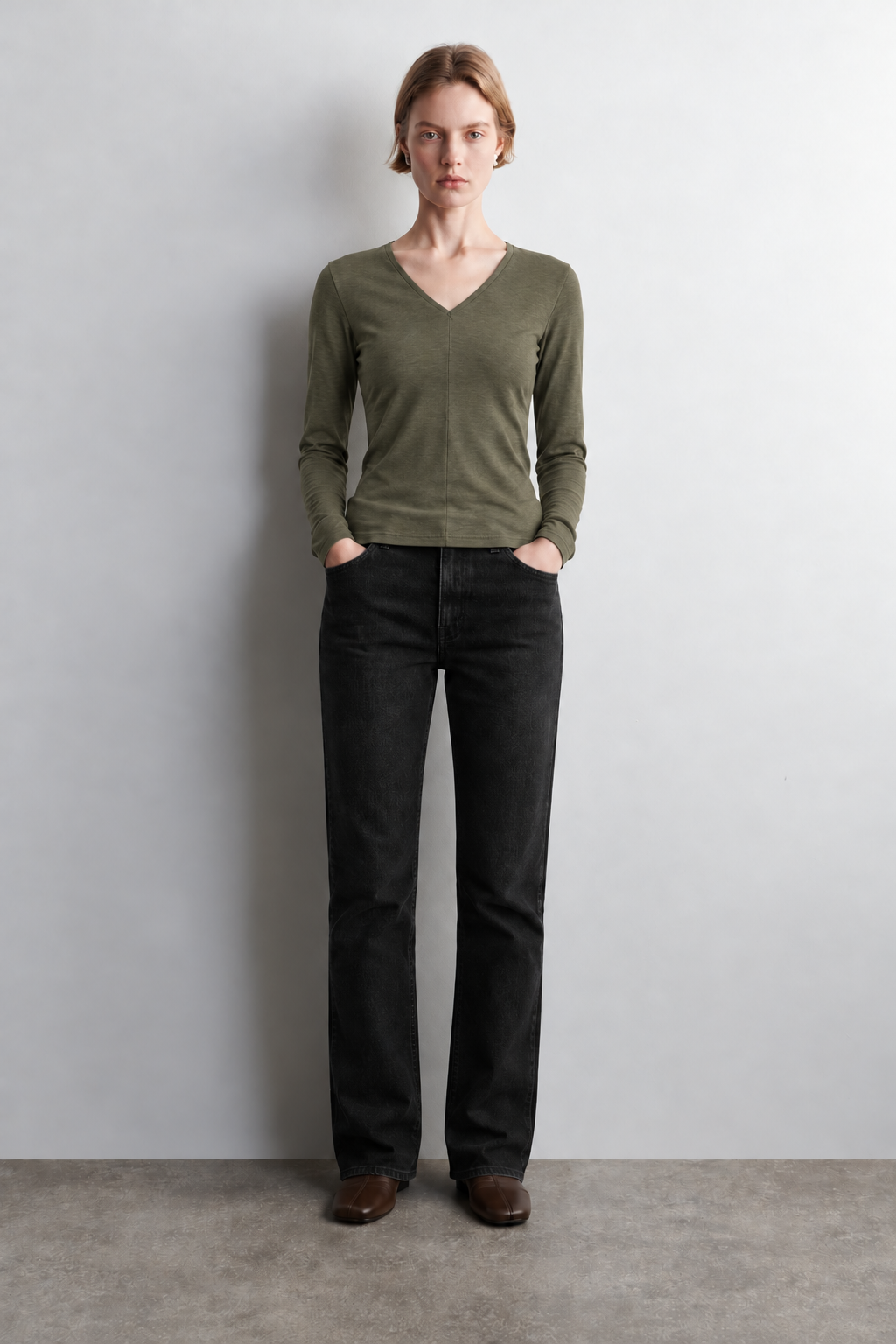 Tencel Derin V Yaka Haki Uzun Kollu Bluz