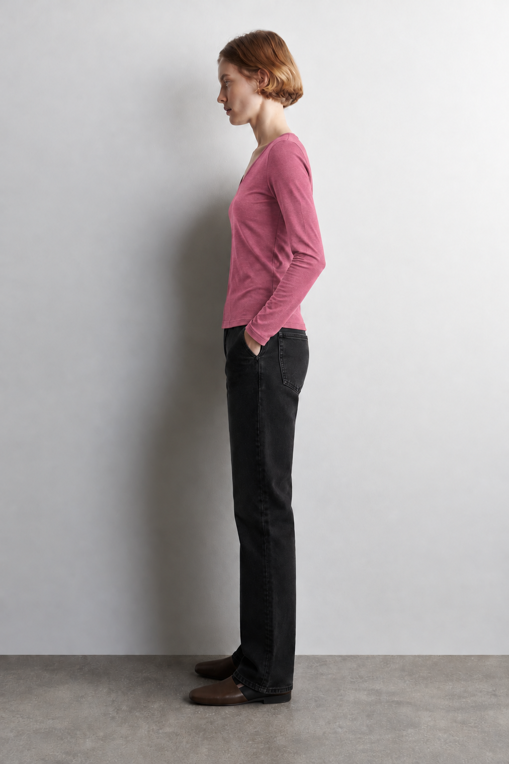 Tencel Derin V Yaka Pembe Uzun Kollu Bluz
