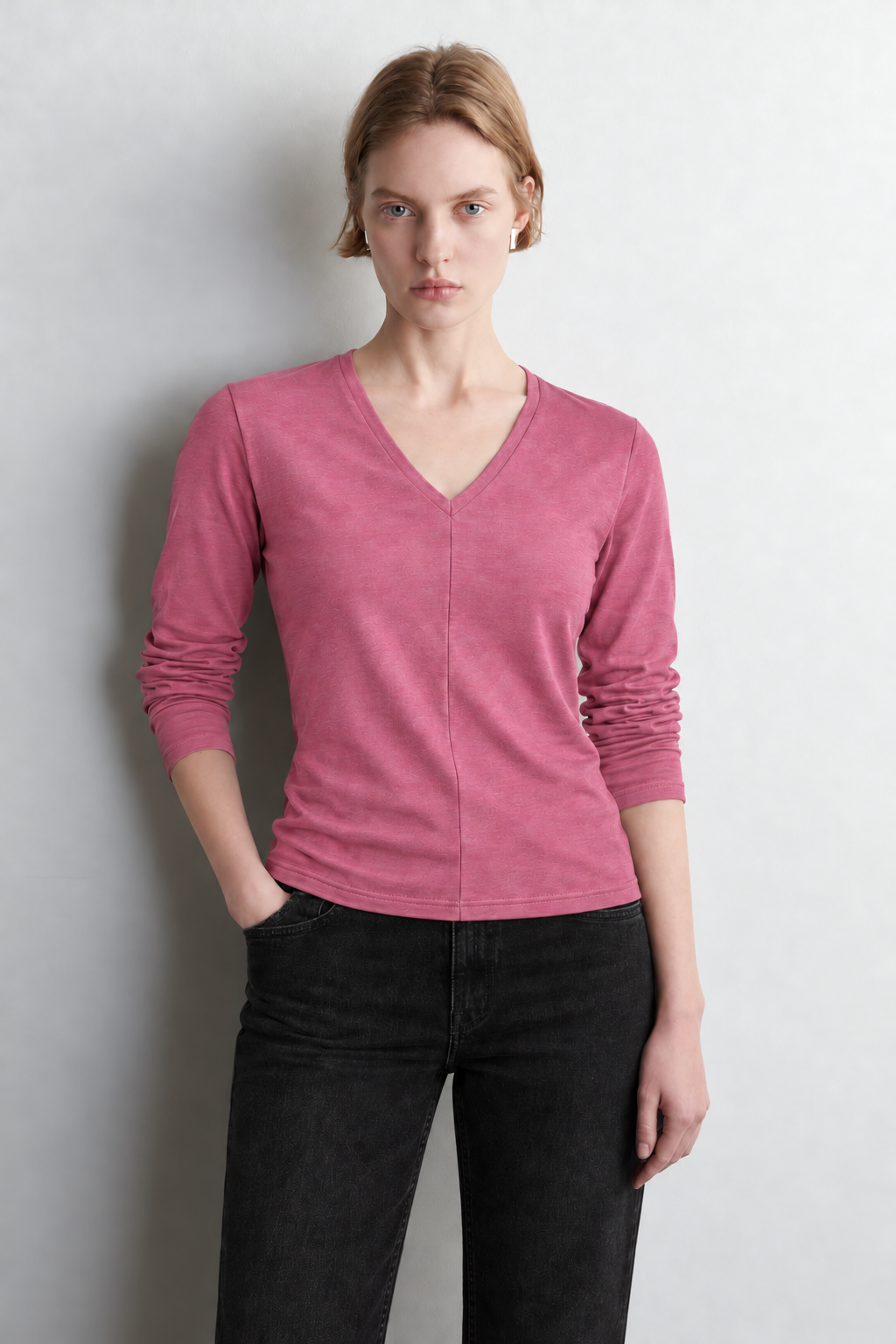 Tencel Derin V Yaka Pembe Uzun Kollu Bluz