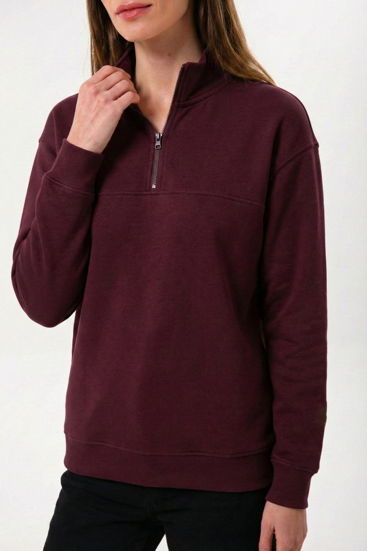 Yarım Fermuarlı Organik Pamuklu Bordo Kadın Sweatshirt