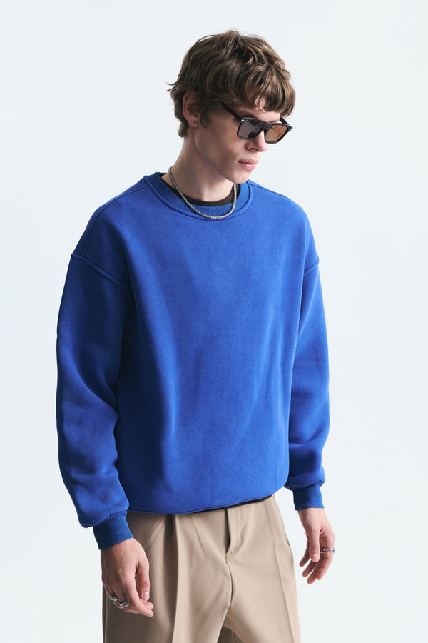 Basic Oversize Yıkamalı Sweatshirt - Mavi