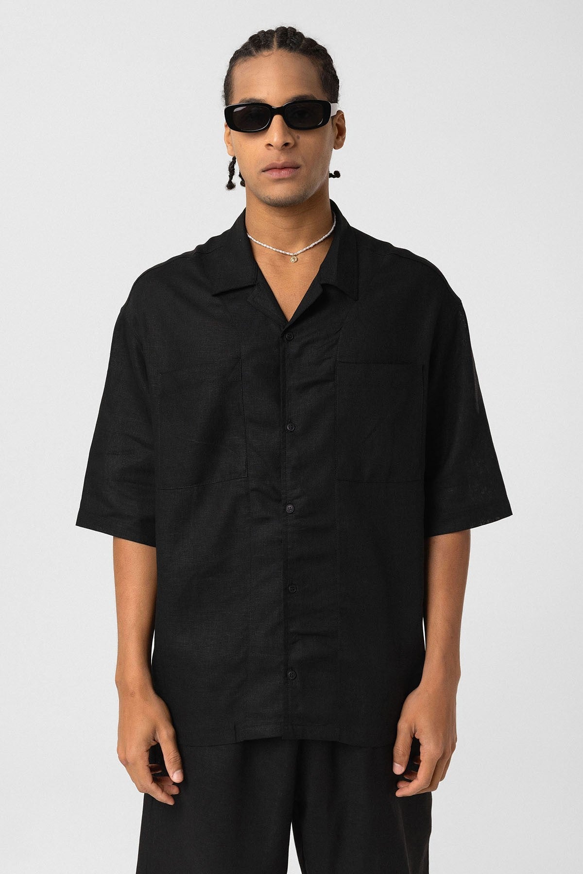 Çift Cepli Oversize Keten Gömlek