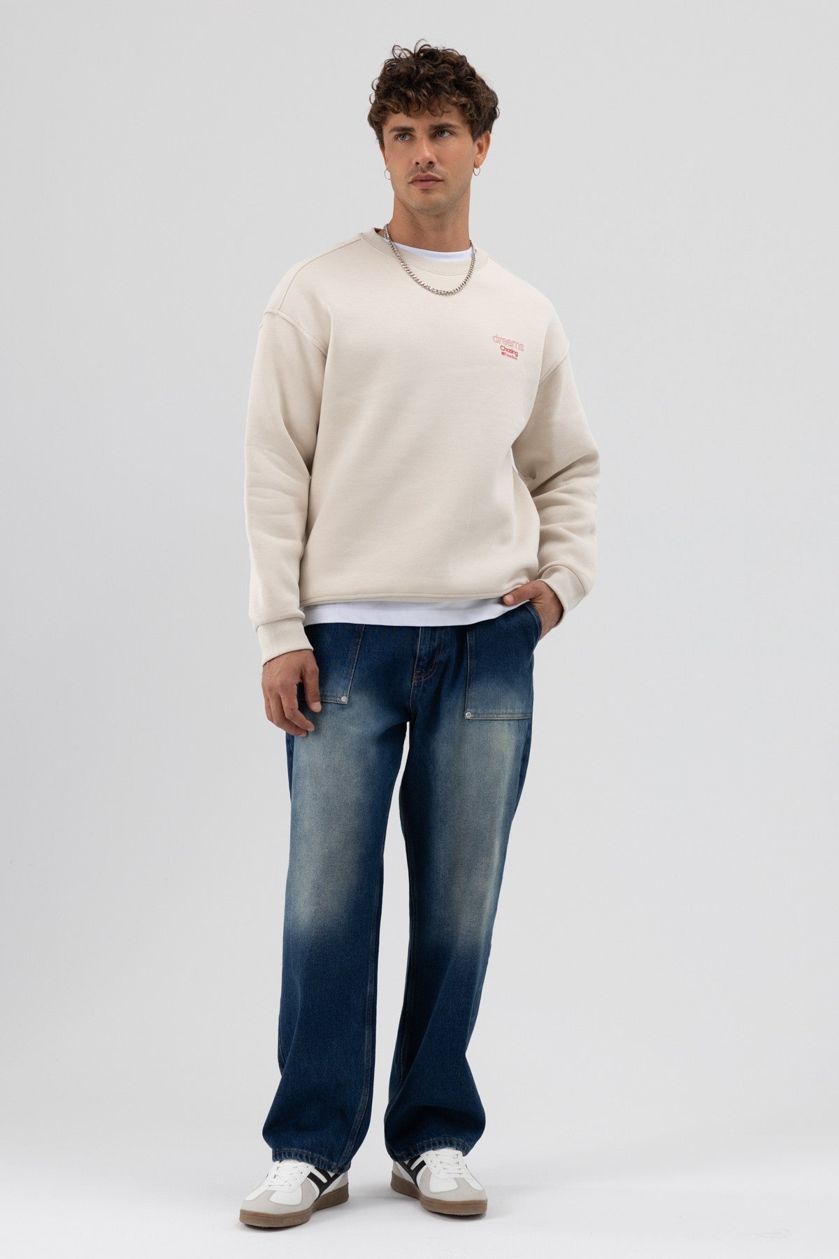 Oversize Bisiklet Yaka Baskılı Sweatshirt