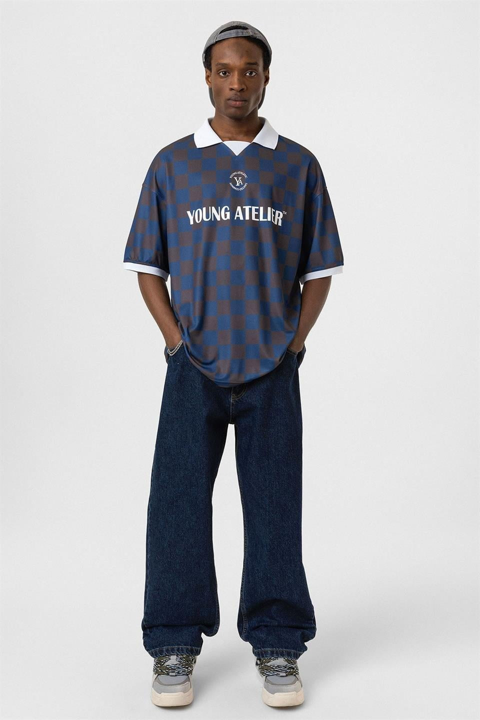 Oversize Polo Yaka Forma Tişört - Kahverengi ve İndigo - 1