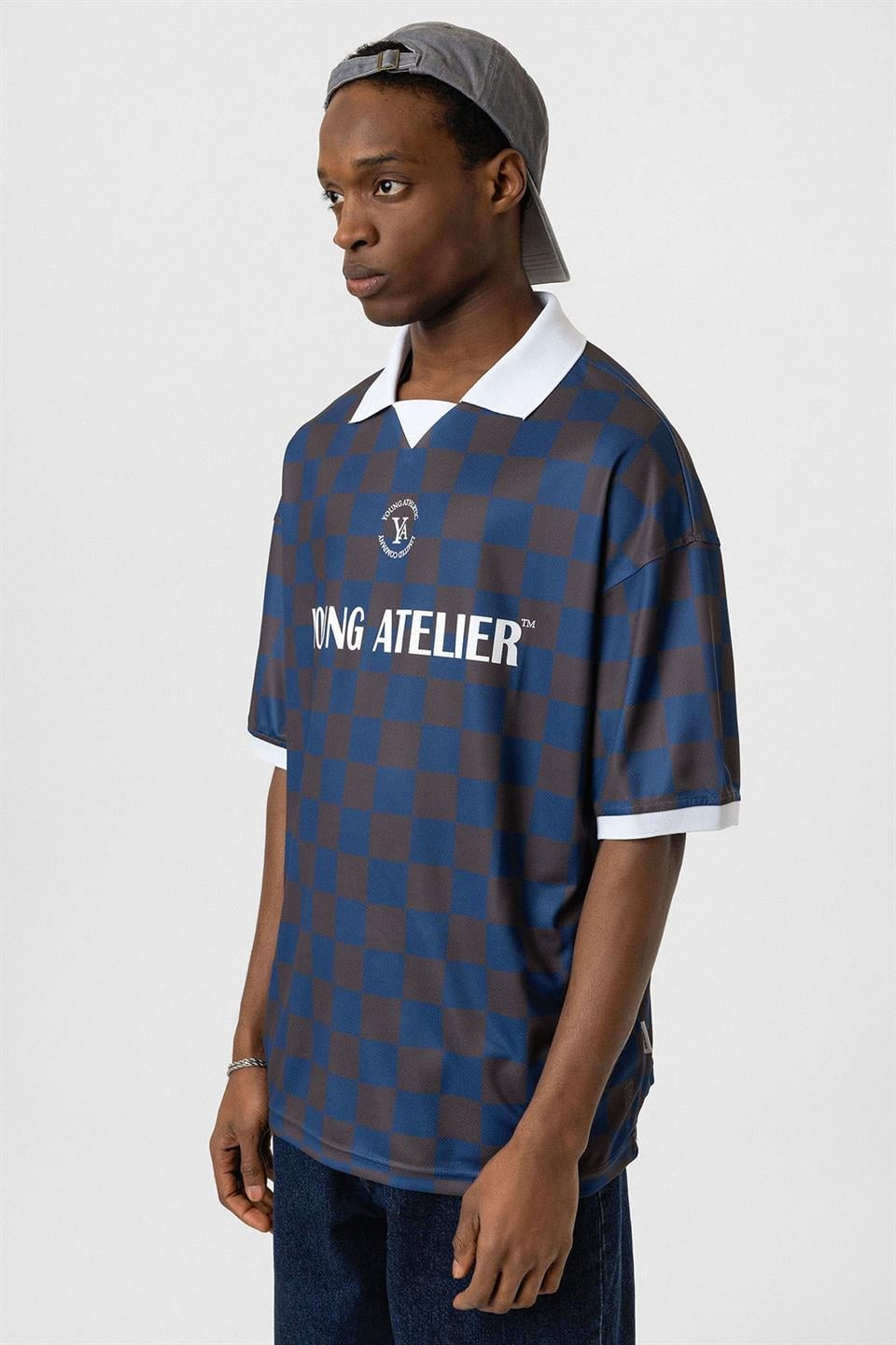Oversize Polo Yaka Forma Tişört - Kahverengi ve İndigo - 4