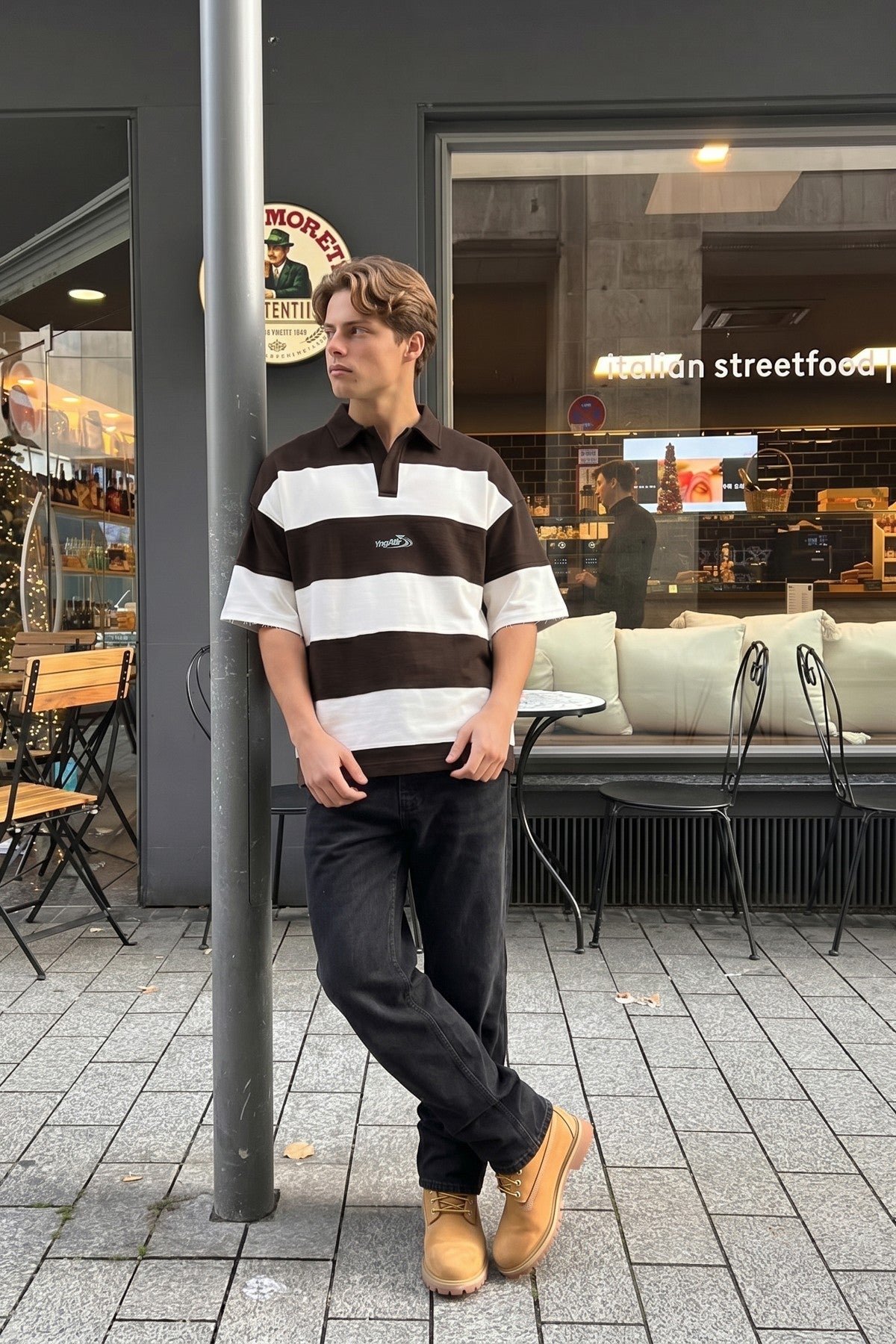 Oversize Rugby Yaka Çizgili Tişört