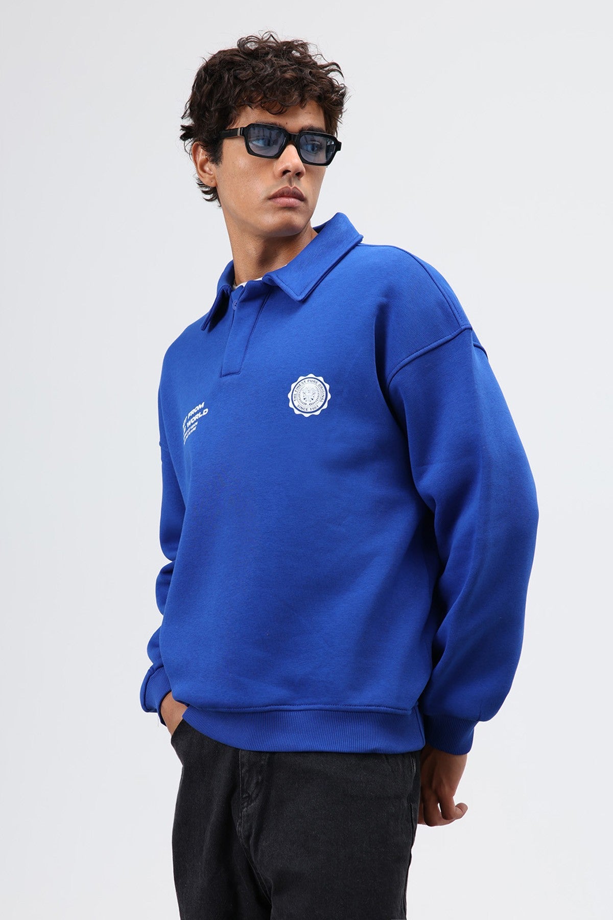 Polo Yaka Oversize Baskılı Yıkamalı Sweatshirt