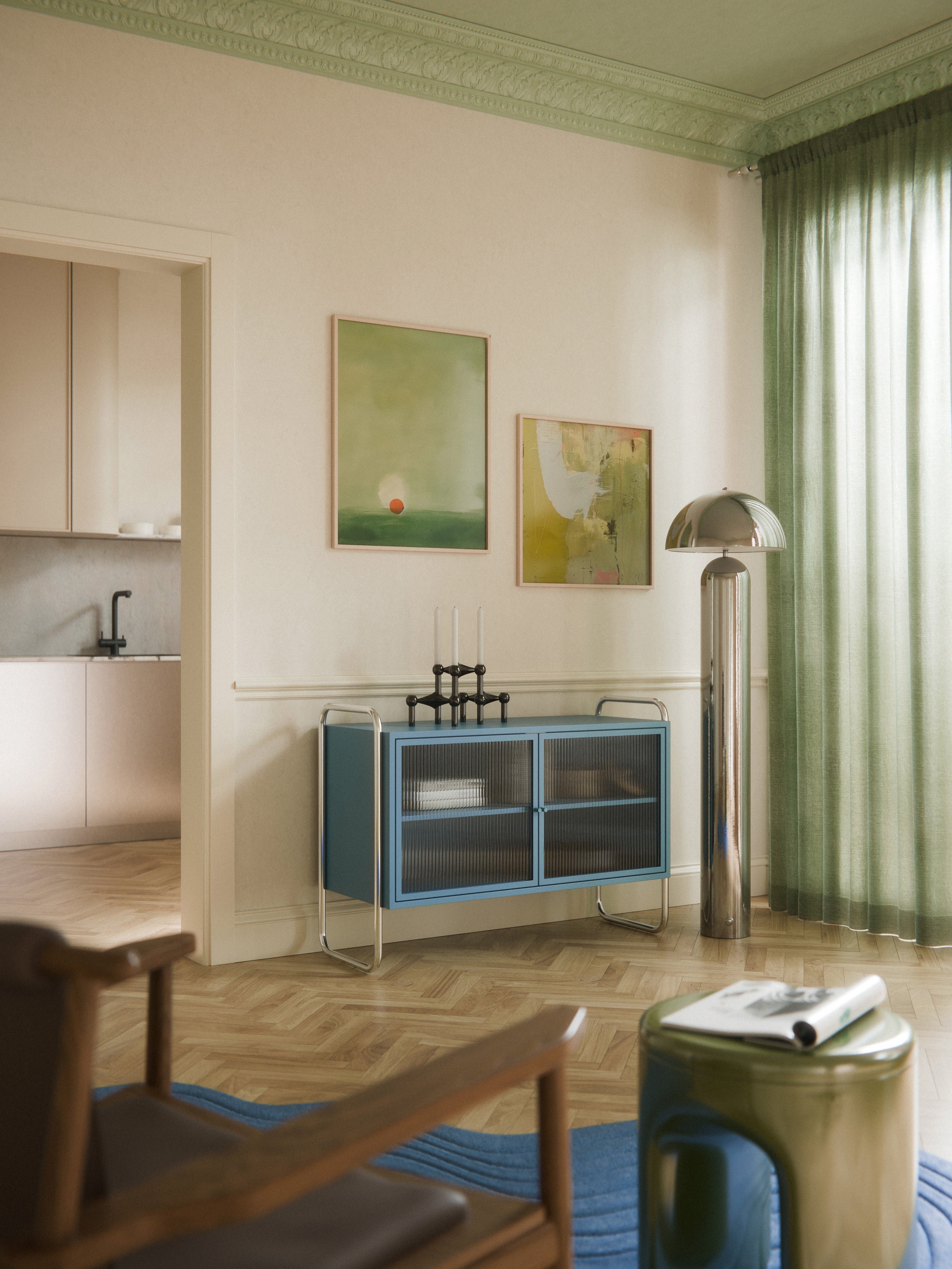 Velotti Metal Camlı Şifonyer Mavi
