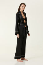 Zau-İpek Sabahlıklı 3'lü Siyah Kadın Pijama Set-Pijama Takımı-3-Milagron.com