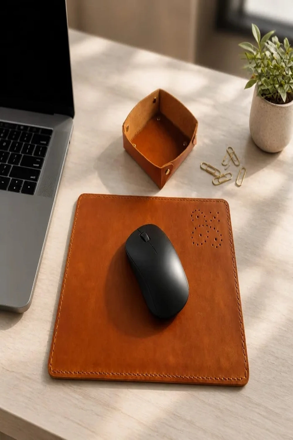 El Yapımı Hakiki Deri Mouse Pad & Masa Düzenleyici Seti - 1