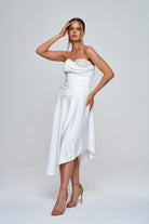 Zeynep Kaya-Asimetrik Kesim Beyaz Drape Detay Elbise-Elbise-3-Milagron.com